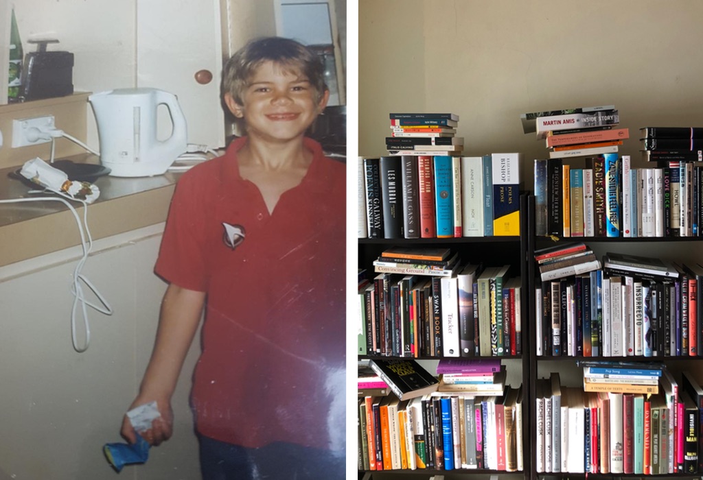 an old photo of a boy in a red shirt smiling in a kitchen, next to a more recent photo of a full bookshelf