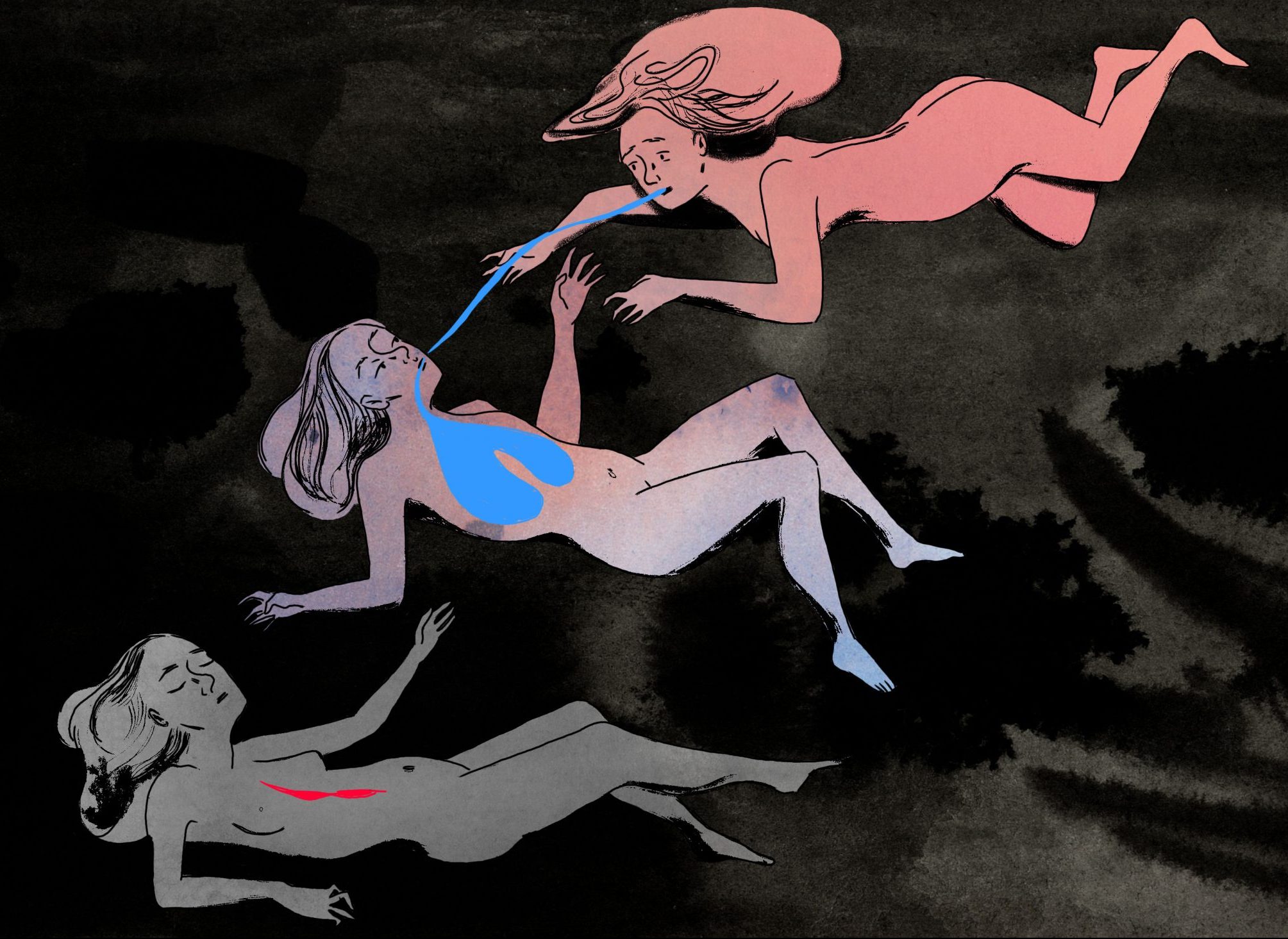 An illustration of three nude femme figures on a black background. The figure at the bottom of the illustration is grey, with eyes closed and a bright red wound in the middle of their chest. Above this figure a second bluish-pink figure floats, with bright blue lungs on their chest. At the top of the image a third, red figure floats, with a blue thread running from the middle figure's lungs into the top figure's mouth.