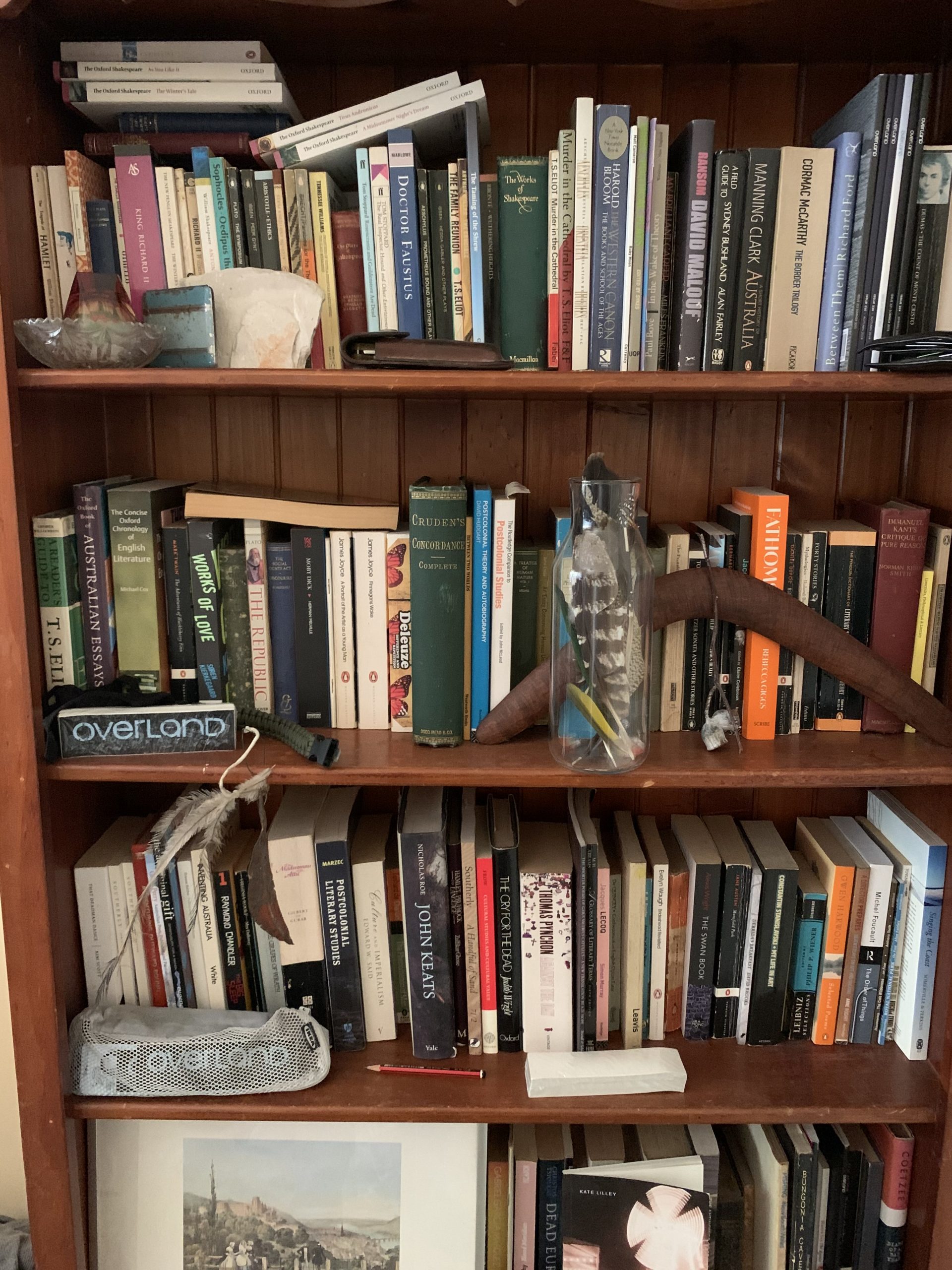 four shelves of a dark timber book case, full of various books and also decorated with items including a dark wooden boomerang, a tall glass bottle filled with various feathers, several 'Overland' stickers, and other items.