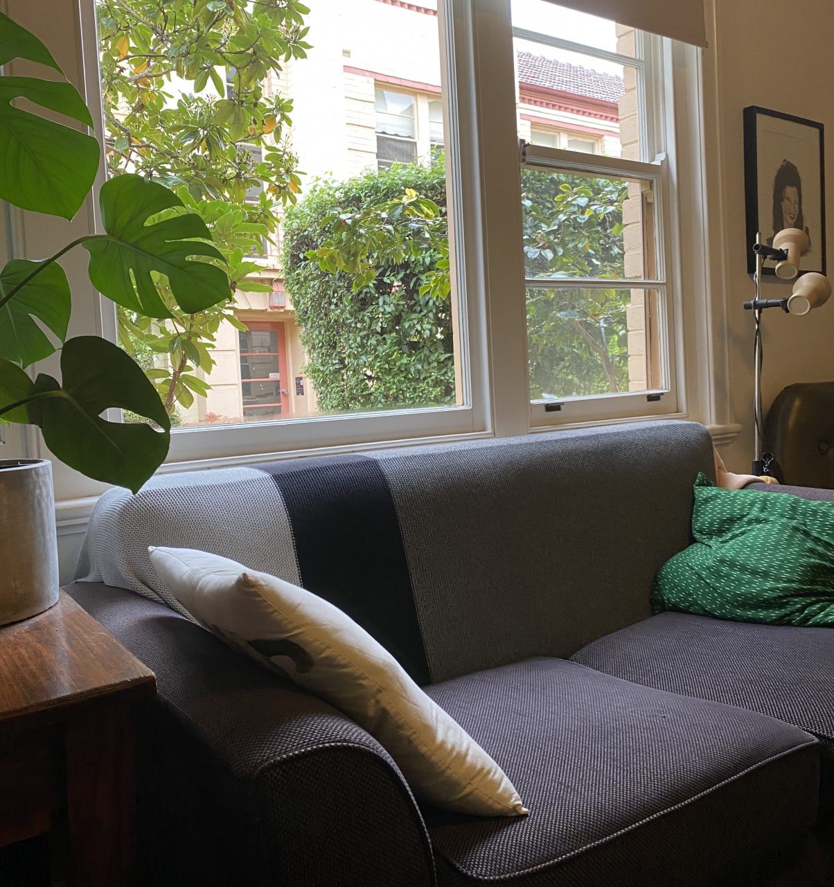 A blue fabric couch next to a monstera plant on a table, in front of an open window. Out the window is a large hedge and the facade of an art-deco style apartment building.