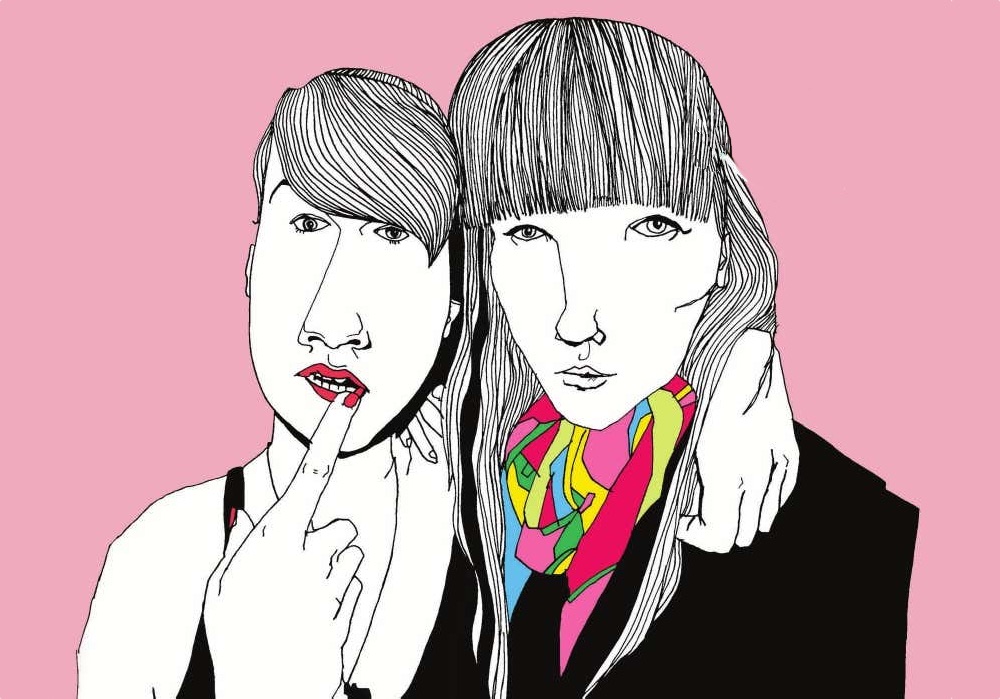 A line drawing of two figures, one with short hair, one with long hair. The figure on the left has one arm around the other and is touching their lip with a finger. The figure on the right has long hair and is wearing a colourful scarf around their neck.