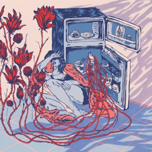 An illustration of a woman sitting on the floor in front of an open refrigerator, shielding her eyes. long, red tendrils are emerging from a bottle in the fridge and blooming into large, aggressive red flowers beside the woman