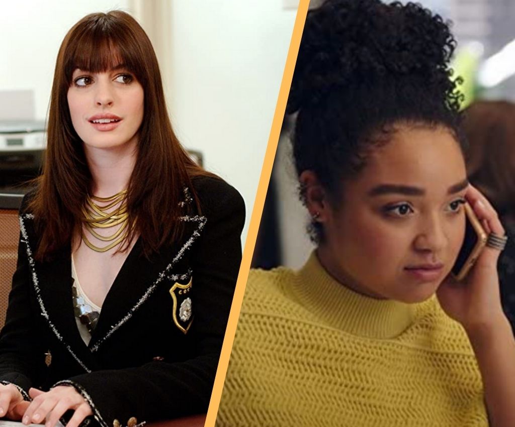 Anne Hathaway in The Devil Wears Prada and Aisha Dee in The Bold Type.