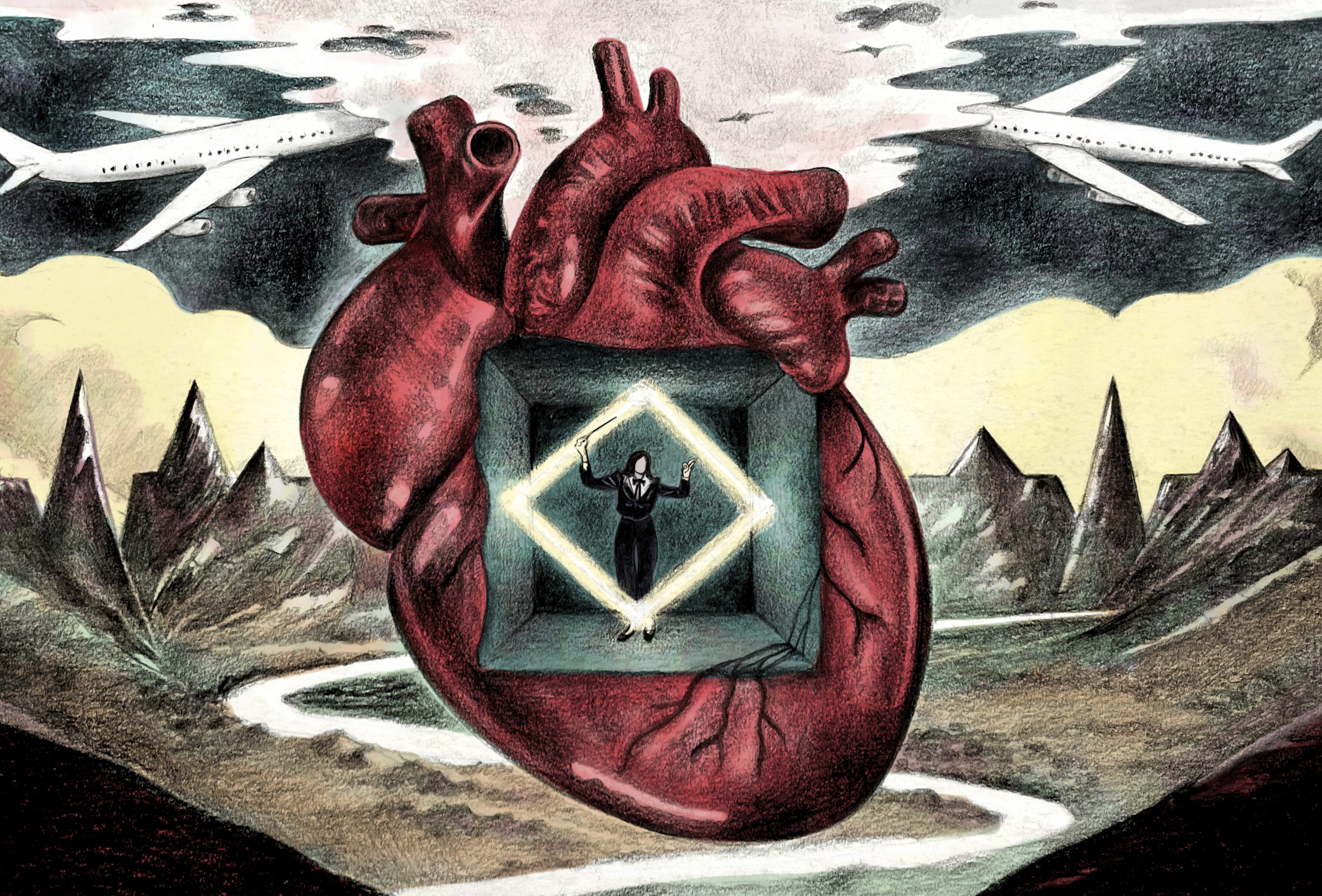 A pencil illustration of a large red human heart against a backdrop of mountains, with two aeroplanes flying into clouds. Inside the human heart is a square hollow, inside which stands a small human orchestra conductor framed by a glowing bright diamond shape.