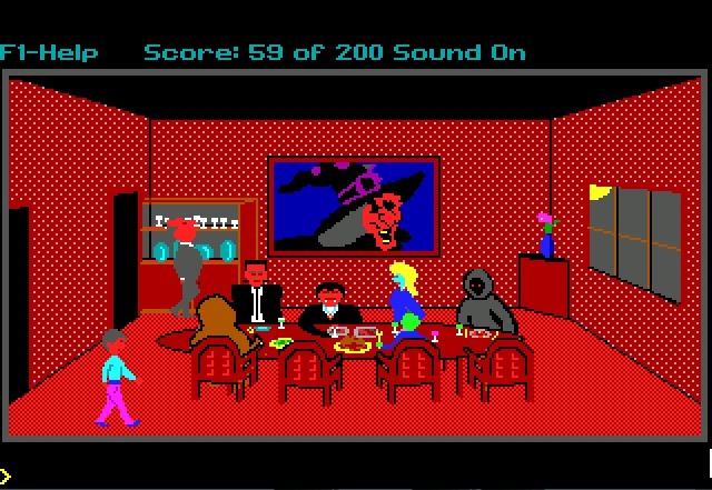 A screenshot of the video game 'Hugo's House of Horrors'. The playable character has entered a red room where a vampire, a grim reaper, and several other figures are seated at a dining table. On the wall is a large painting of a witch.