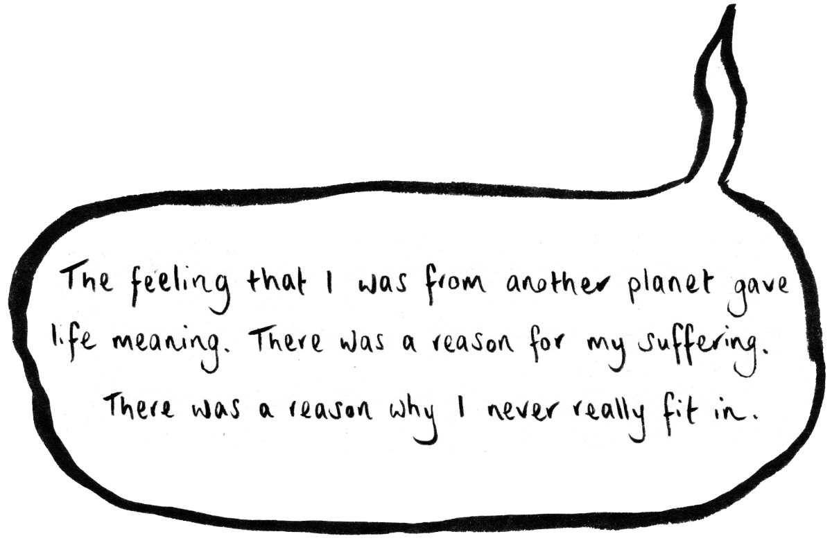 Text in speech bubble, which extends up to the image of Anand Prahlad: "The feeling that I was from another planet gave life meaning. There was a reason for my suffering. There was a reason why I never really fit in."