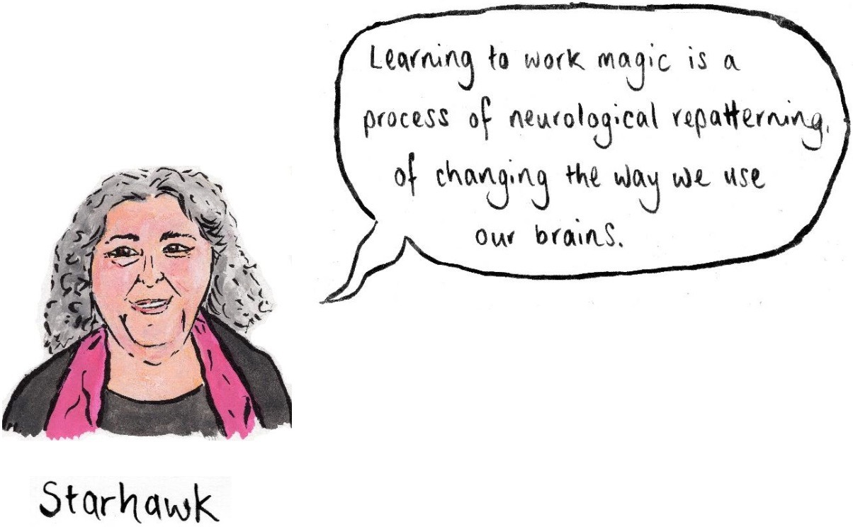 An illustration of Starhawk, a white person with long grey hair, wearing a black top and pink scarf. Text in speech bubble: "Learning to work magic is a process of neurological repatterning of changing the way we use our brains."