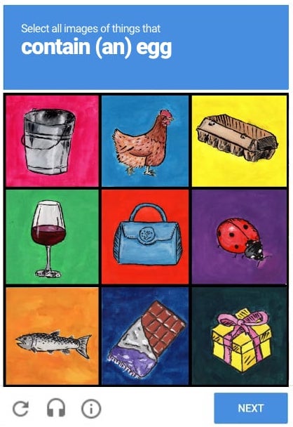 An illustration in the style of an online Captcha box. Text reads: "Select all images of things that contain (an) egg". Grid contains illustrations of a bucket, a chicken, an egg carton, a glass of red wine, a handbag, a ladybird, a fish, a block of chocolate and a wrapped present.