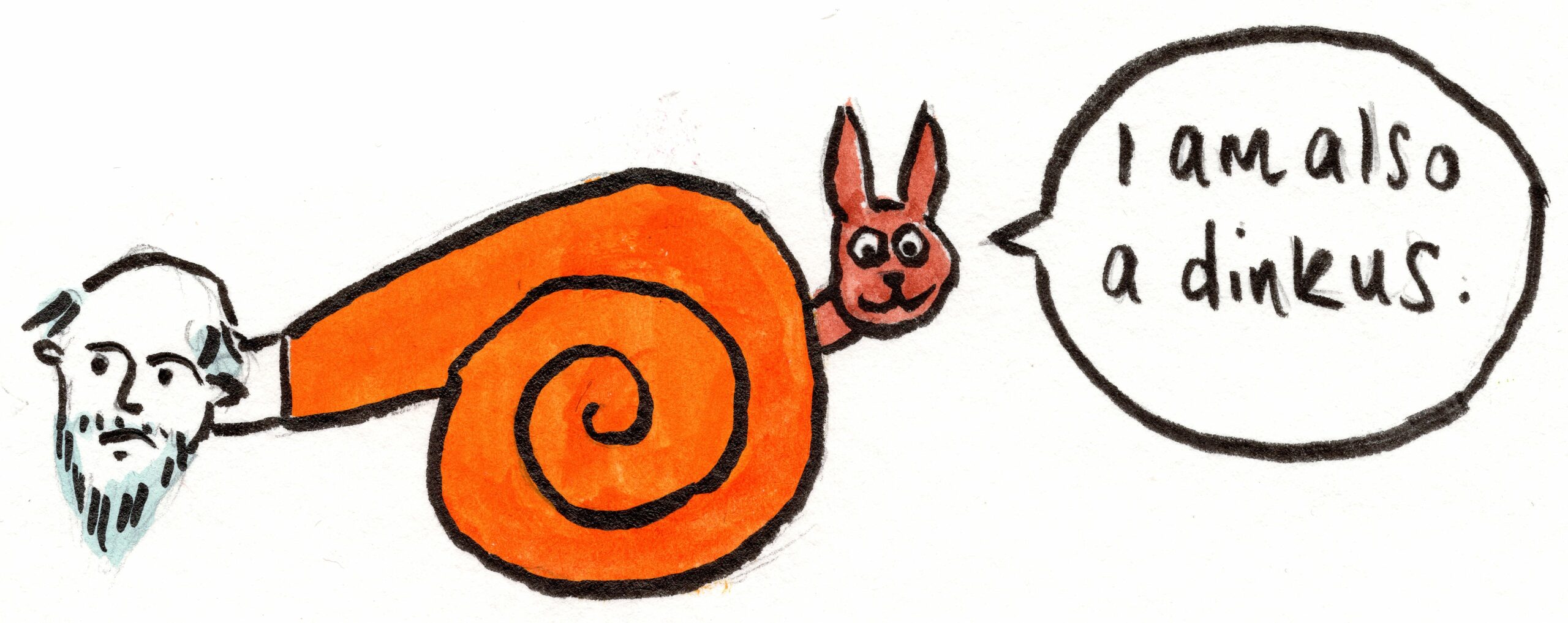 A creature with a bearded human face and a rabbit or kangaroo's face at either end of an orange spiral shell. Text in speech bubble: "I am also a dinkus."