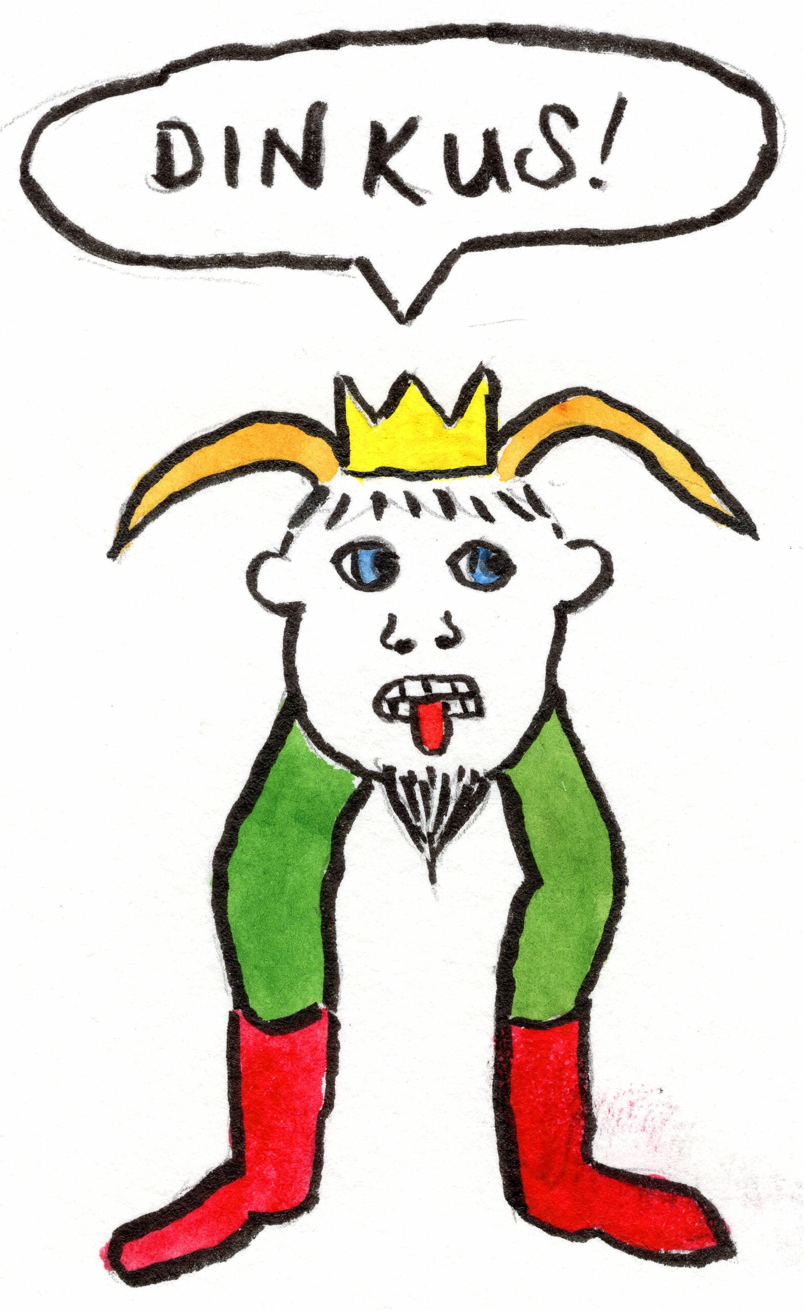 A creature with green and red legs protruding out of a human head with a goatee beard, tongue poking out, two long yellow antennae and wearing a yellow crown. Text in speech bubble: "DINKUS!"