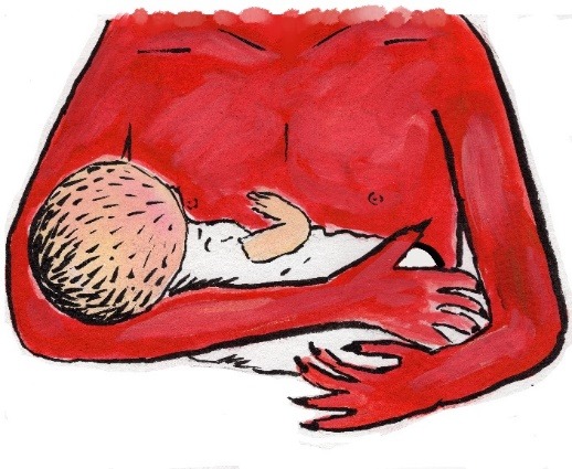 An illustration of the chest and arms of a red-skinned figure holding a swaddled baby.
