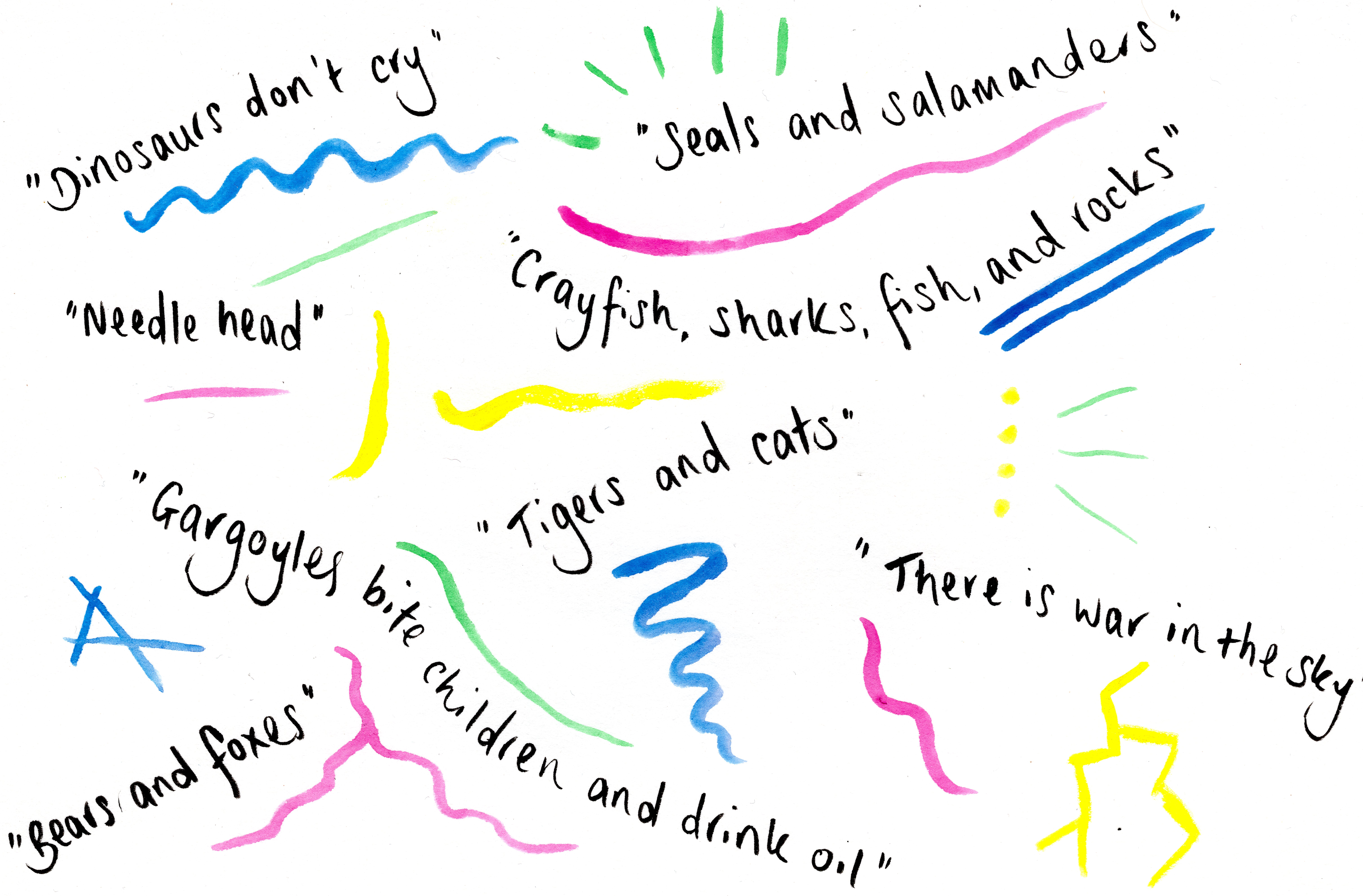 Lines of text surrounded by multicoloured lines and squiggles. Text reads: "Dinosaurs don't cry"; 'Seals and salamanders', "Needle head", "Crayfish, sharks, fish, and rocks", "Tigers and cats", "There is war in the sky", "Gargoyles bite children and drink oil", "Bears and foxes".