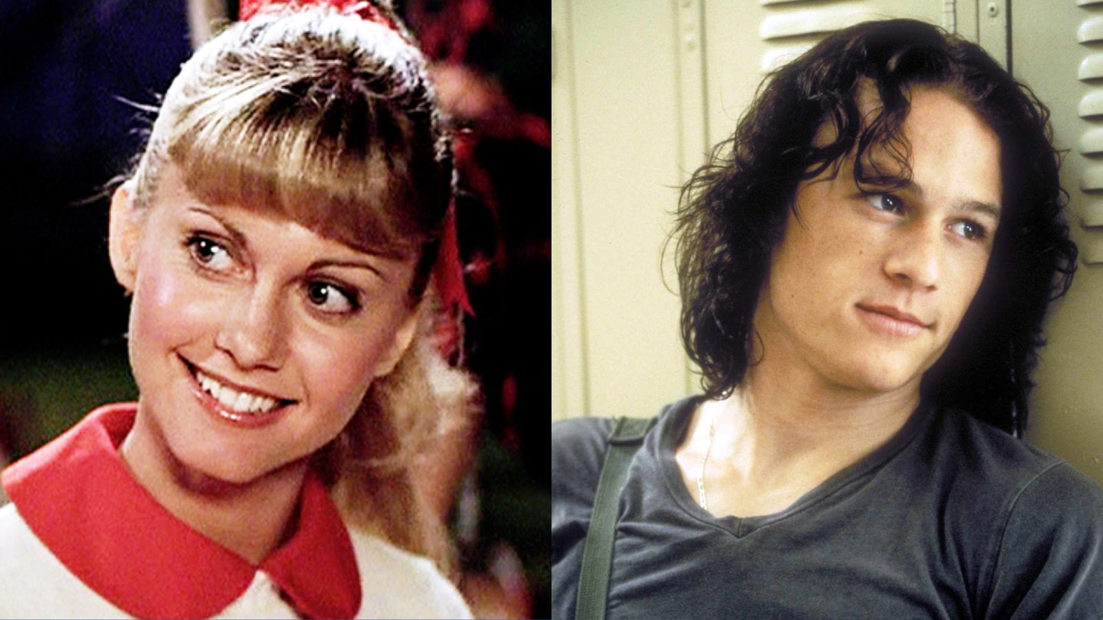Image 1: Olivia Newton-John as Sandy in Grease. She is a cheerleader with blonde hair in a ponytail, wearing an 1950s cheerleading outfit.2: Heath Ledger in 10 Things I Hate About You. He has mid-length curly brown hair, and leans against a locker in a black T-shirt, looking wistfully to the right.