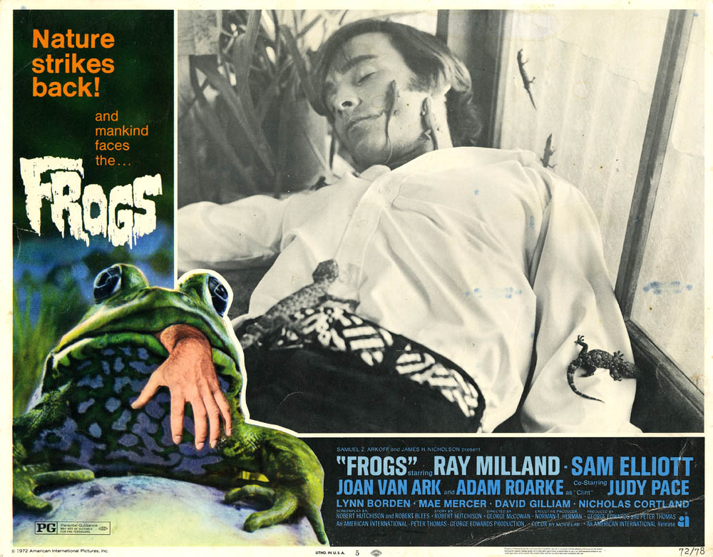 A movie poster for the film 'Frogs'. A man lies lifeless, with frogs on his body. On an overlay in the right-hand corner sits an image of a frog with a hand coming out it's mouth.