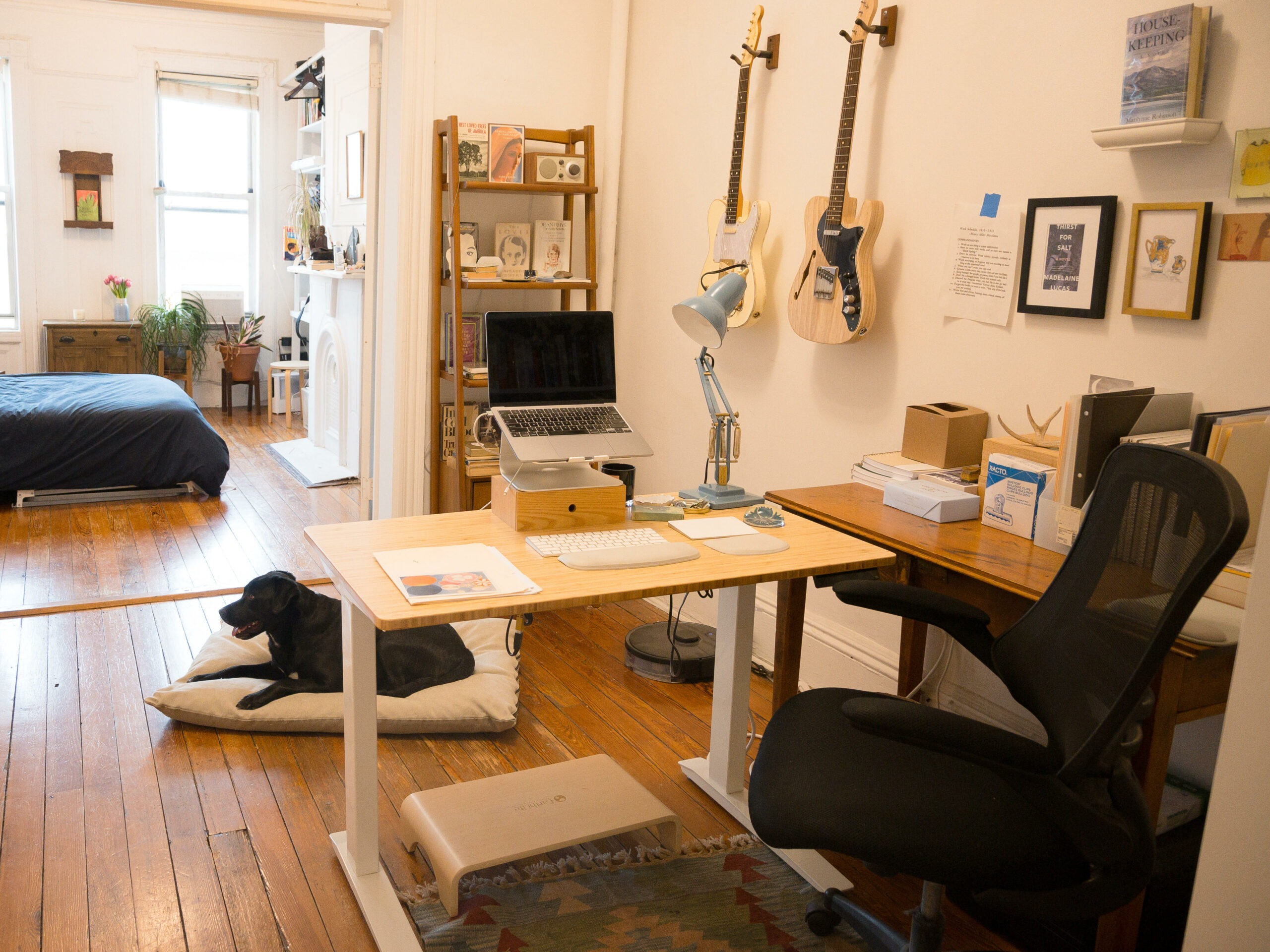 A study with a bed, desk, and guitars hanging on the wall. There is a black dog sitting on a pillow on the hardwood floors.