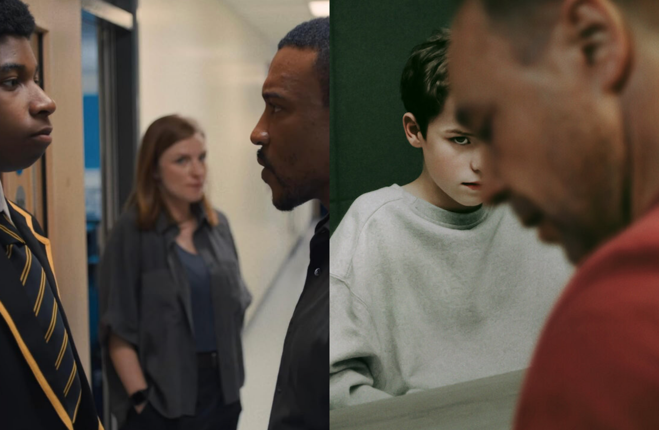 Stills from the Netflix show 'Adolescence'. Left: A man and his son speak, while another woman looks on in the background. Right: A boy who is detained in a police station stares at his father across a table.