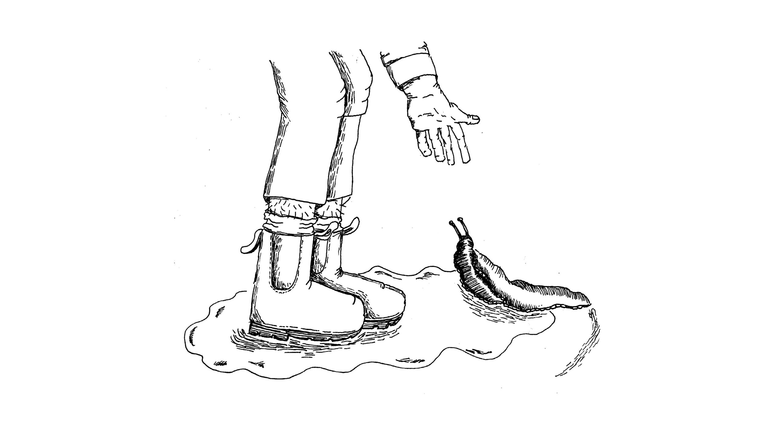 An illustration of Benedicte leaning down, hand outstretched towards a slug in a puddle on the floor. 