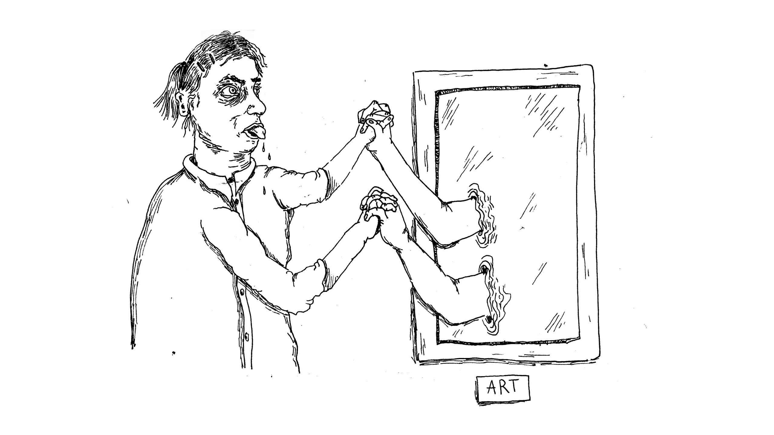 An illustration of Benedicte in front of a canvas, tongue out and drooling, grasping hands with hands reaching out of the artwork.