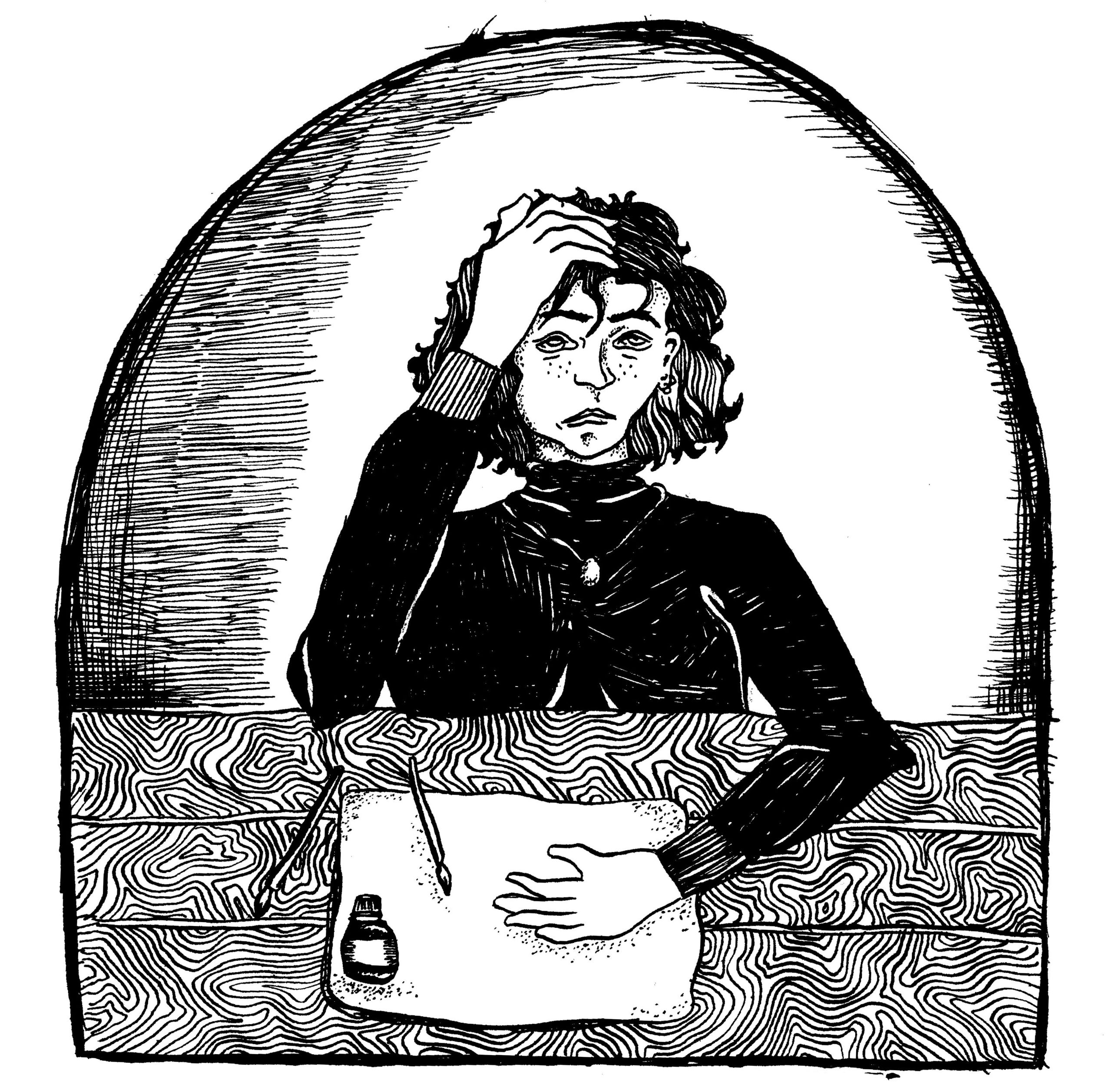 A illustration of Benedicte sitting at table, contemplating, a well of black ink and paintbrushes on the desk before them.
