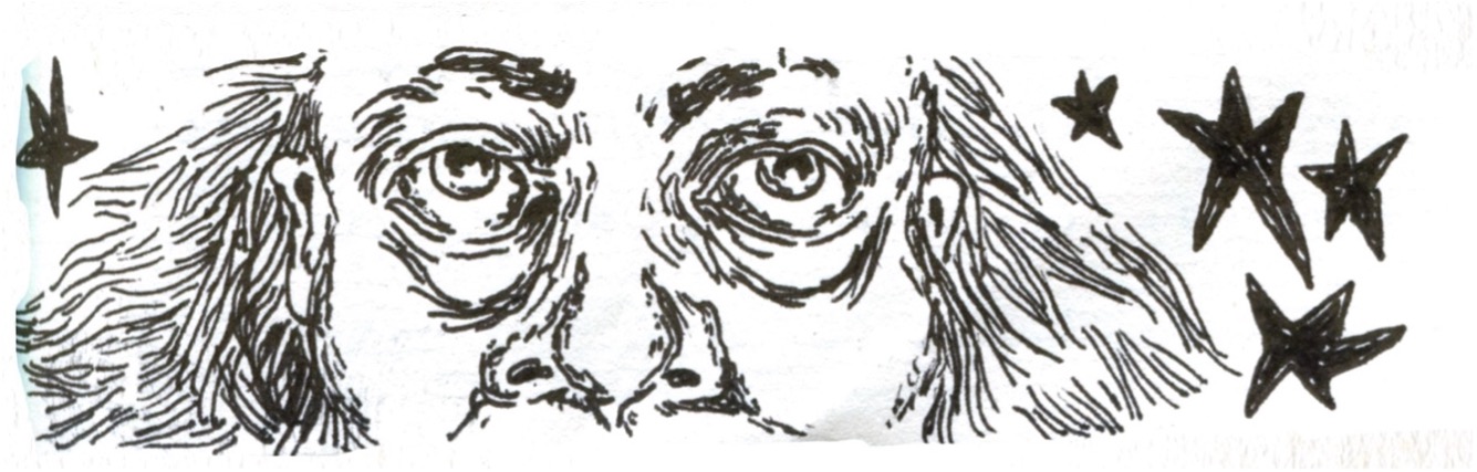 An illustration of the cropped section of a face. We can see hair, ears, eyes and nose. In the background are black stars.