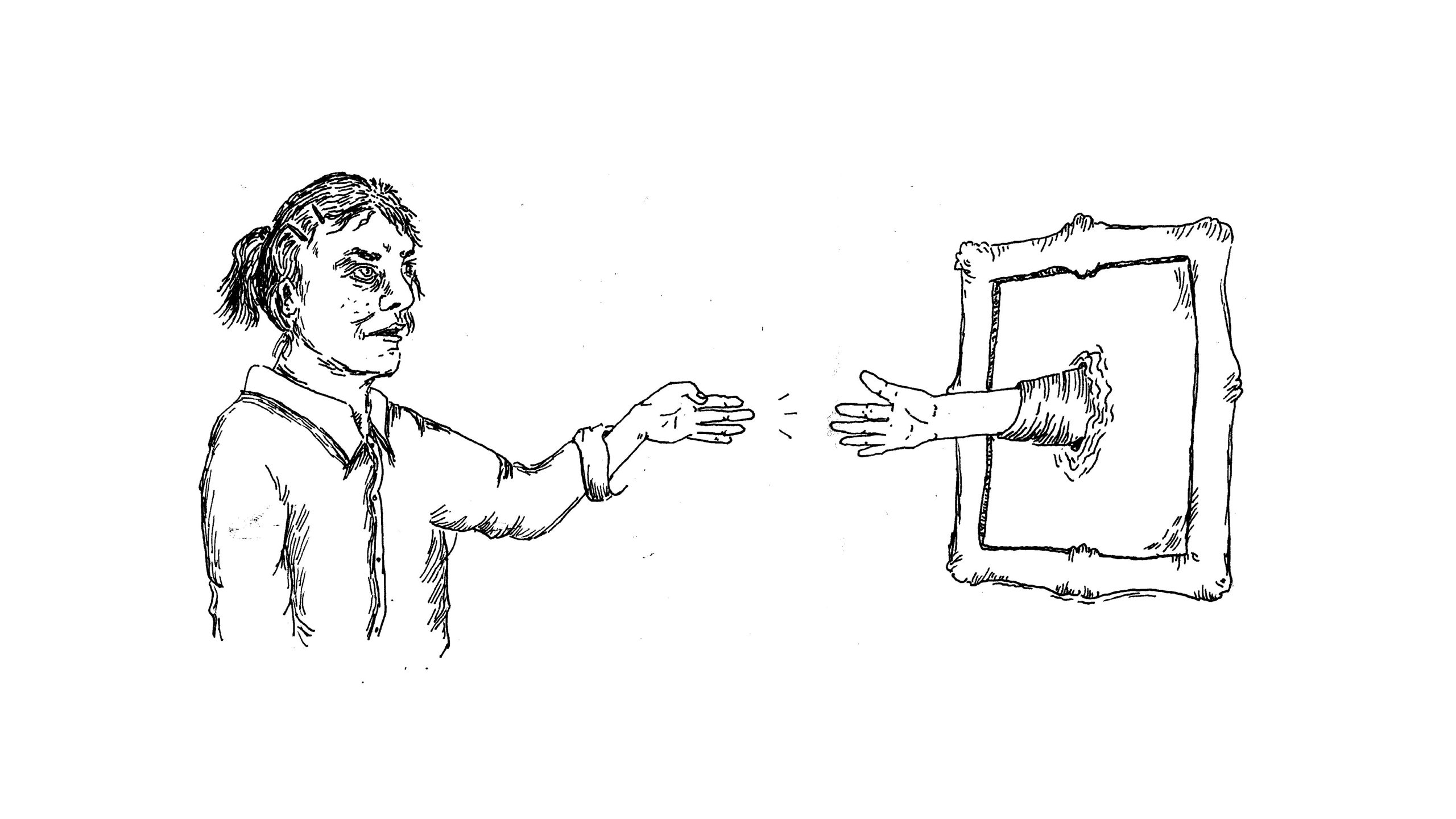 A self-portrait of Benedicte, hand reaching out to a hand coming out of a painting on a wall.