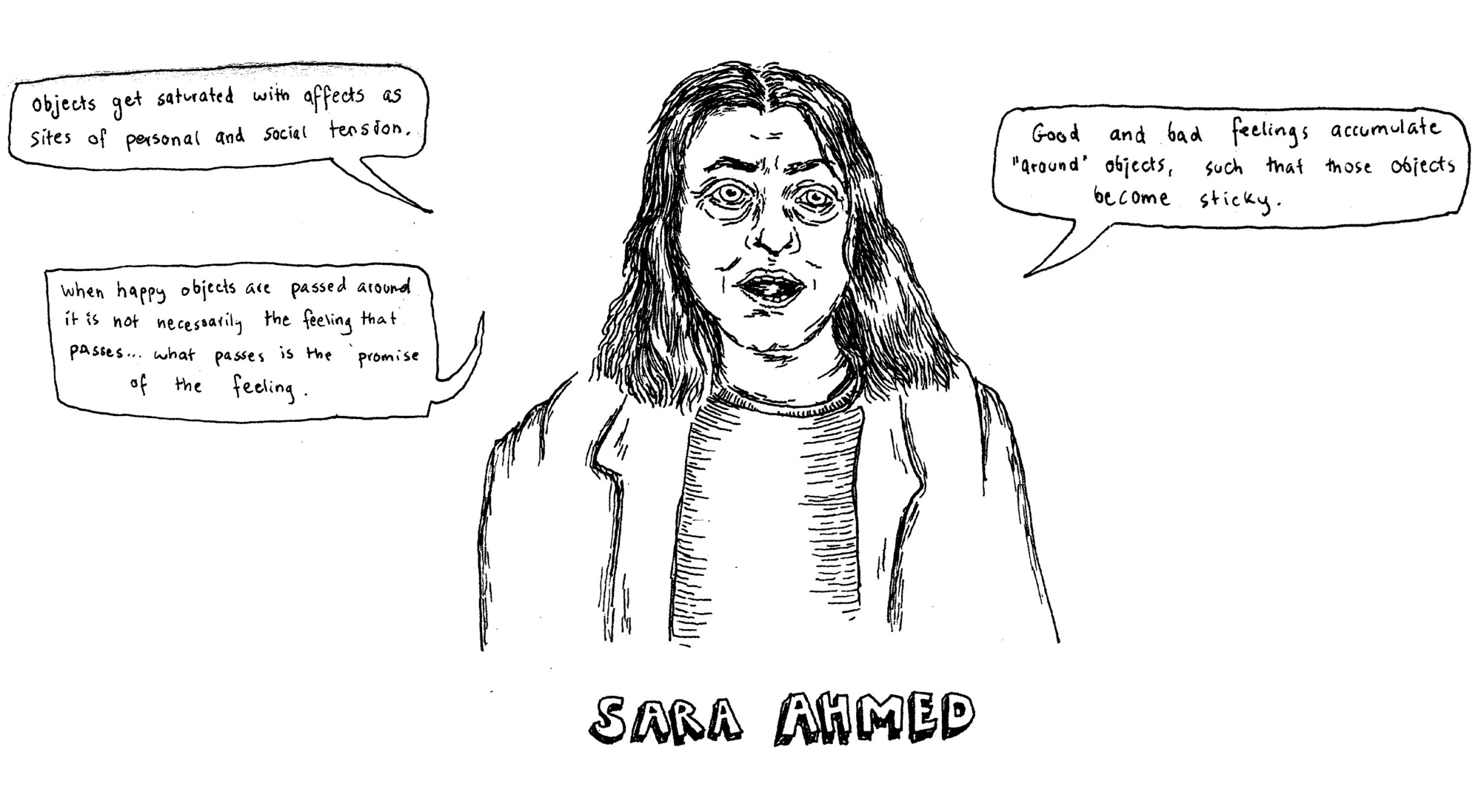 An illustration of Sara Ahmed. In bubble quotes: 'objects get saturated with affects as sites of personal and social tension', When happy objects are passed around it is not necessarily the feeling that passes... what passes is the promise of the feeling' and Good and bad feelings accumulate 'around' objects such that those objects come sticky'.