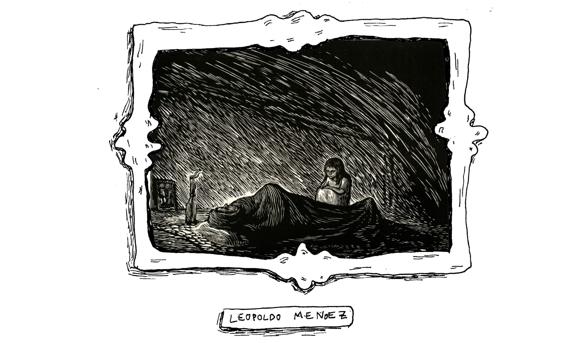 An illustration 'Soledad' by Leopoldo Méndez of a child sitting next to a shrouded body.