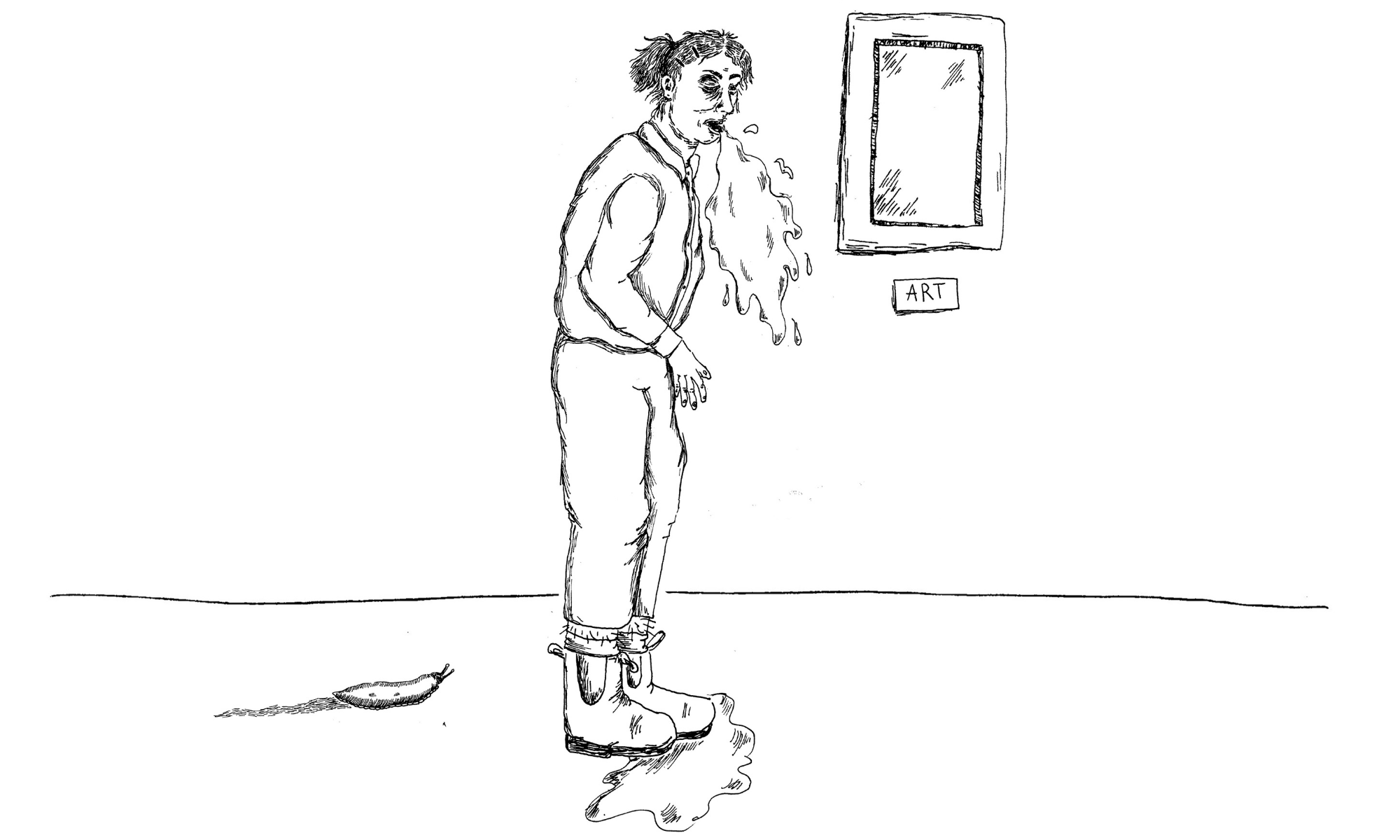 A self-portrait of Benedicte vomiting in front of an artwork titled 'art'.