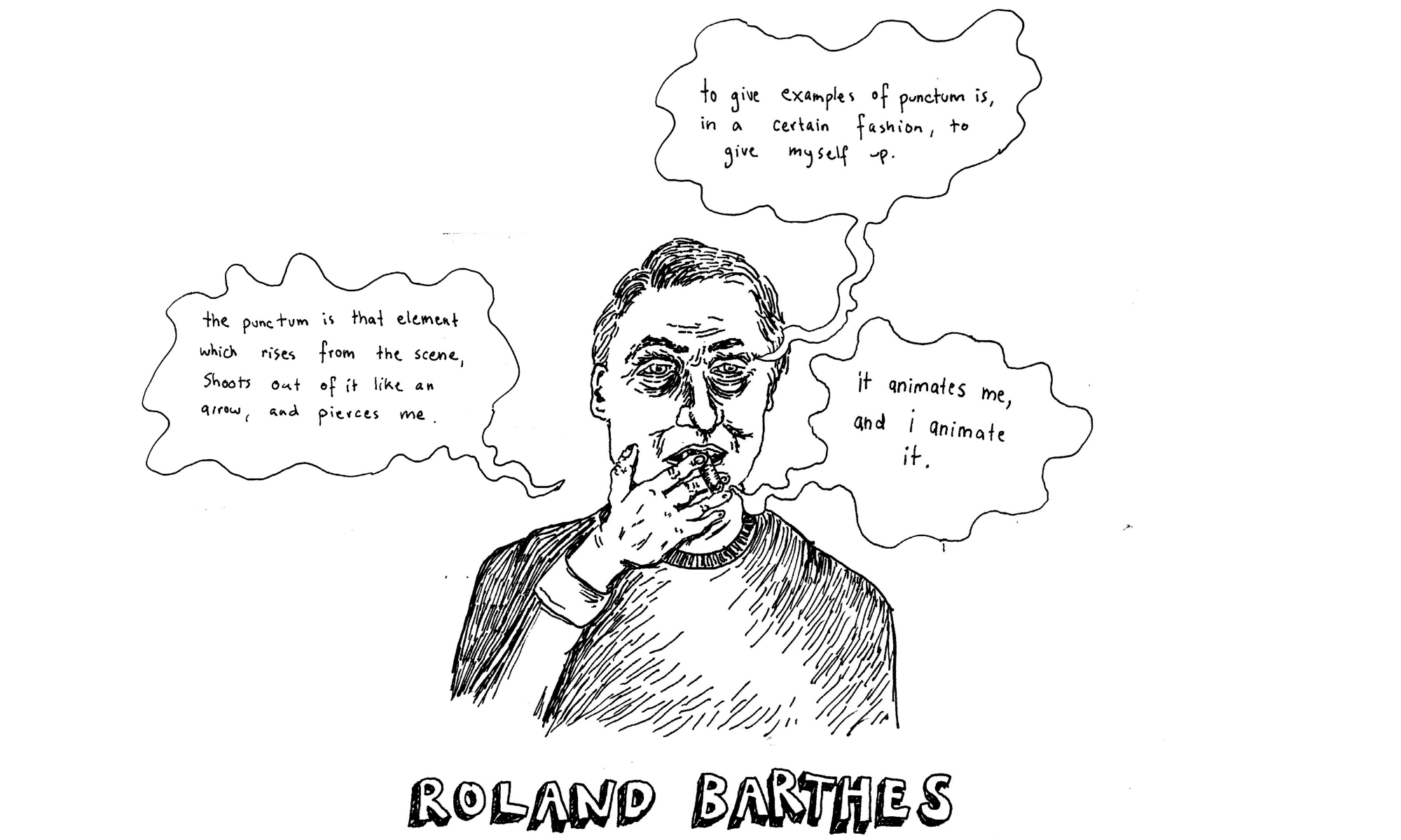 An illustration of Roland Barthes. Text bubbles read: 'the punctum is that element which rises from the scene, shoots out of it like an arrow, and pierces me', 'to give examples of punctum is, in a certain fashion, to give myself up' and 'it animates me, and i animate it.'