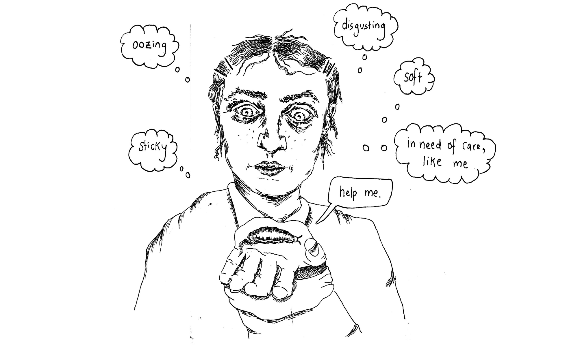 Comic illustration of Benedicte holding a slug in their palm. They are thinking the words: 'sticky', 'oozing', 'disgusting', 'soft', 'in need of care like me', 'help me'.
